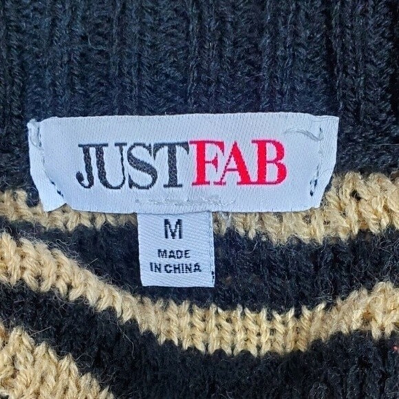 Just Fab Sweater Open Front Waterfall Cardigan Knit Black Tan Striped Sz Medium - Picture 3 of 6